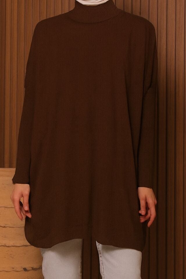 Balenbi Kadın Dik Yaka Basic 80cm Salaş Oversize Triko Tunik 1145 Standart - Kahverengi