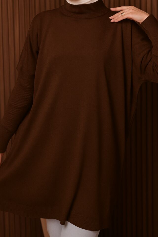 Balenbi Kadın Dik Yaka Basic 80cm Salaş Oversize Triko Tunik 1145 Standart - Kahverengi