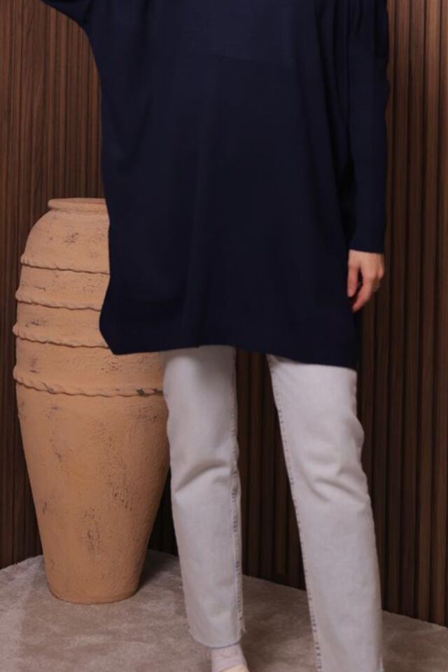 Balenbi Kadın Dik Yaka Basic 80cm Salaş Oversize Triko Tunik 1145 Standart - Lacivert