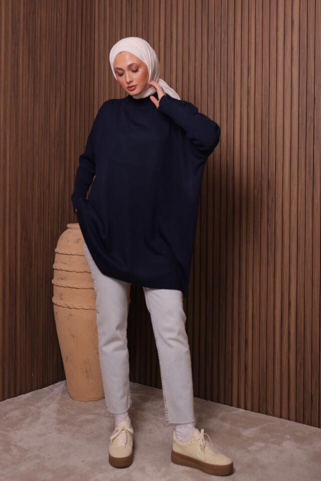 Balenbi Kadın Dik Yaka Basic 80cm Salaş Oversize Triko Tunik 1145 Standart - Lacivert