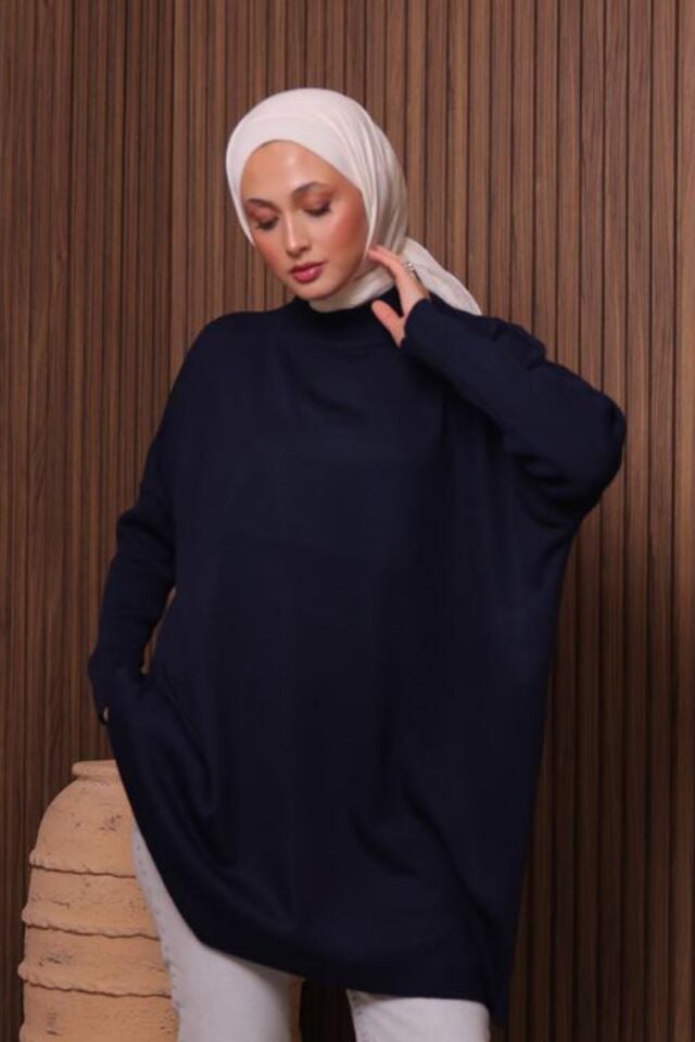 Balenbi Kadın Dik Yaka Basic 80cm Salaş Oversize Triko Tunik 1145 Standart - Lacivert