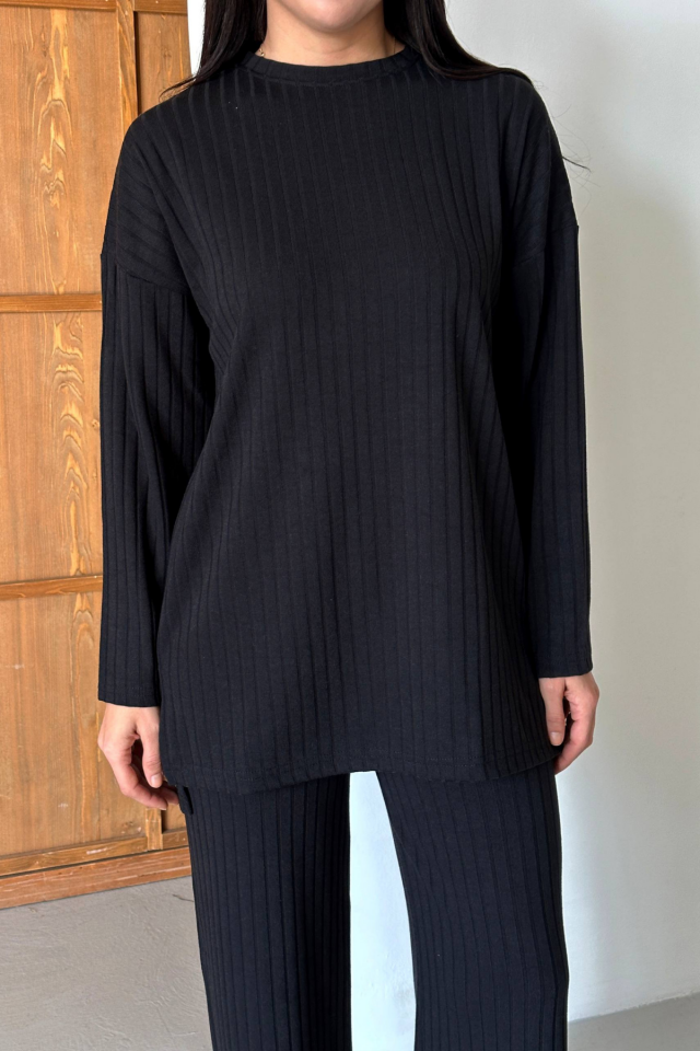 Balenbi Kadın Triko Görünümlü Çizgili Bisiklet Yaka Tesettür Tunik Takım 1152 L - Siyah