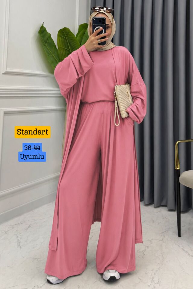 Balenbi Kadın Penye Uzun Hırka Bluz Geniş Paça Pantolon Abaya Takım 1217 Standart - Pembe