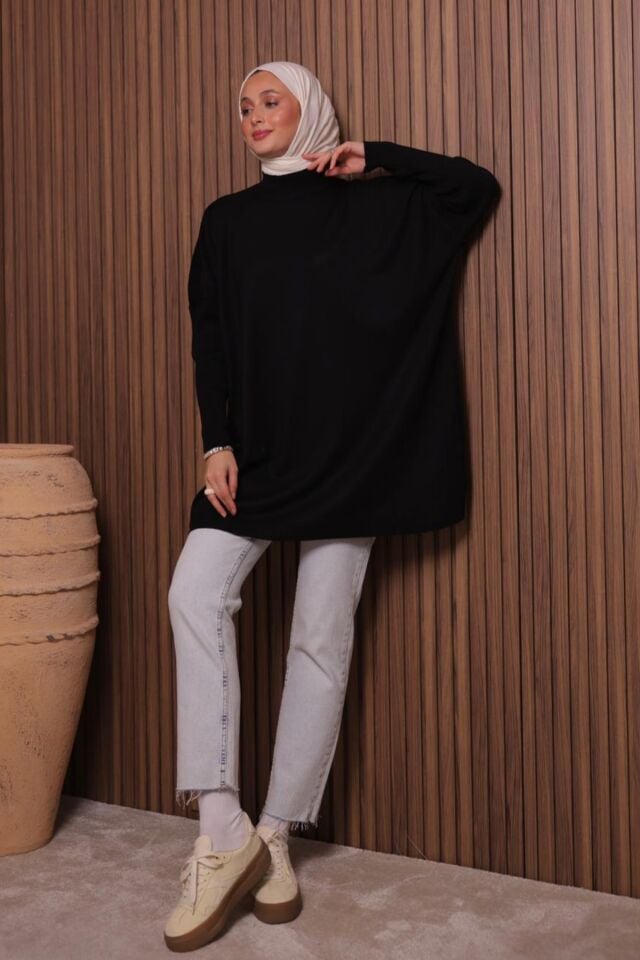 Balenbi Kadın Dik Yaka Basic 80cm Salaş Oversize Triko Tunik 1145 Standart - Siyah
