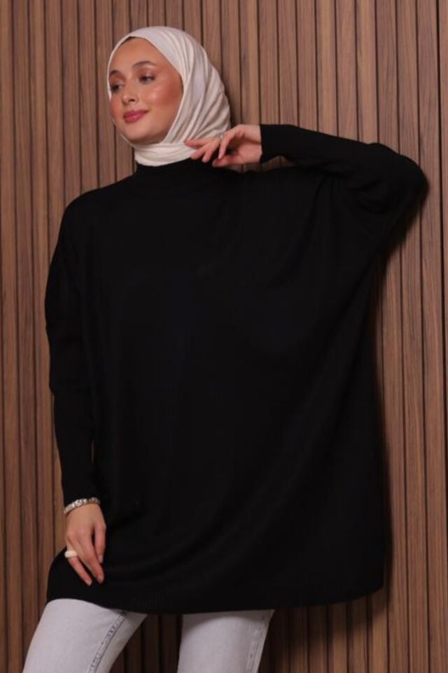 Balenbi Kadın Dik Yaka Basic 80cm Salaş Oversize Triko Tunik 1145 Standart - Siyah