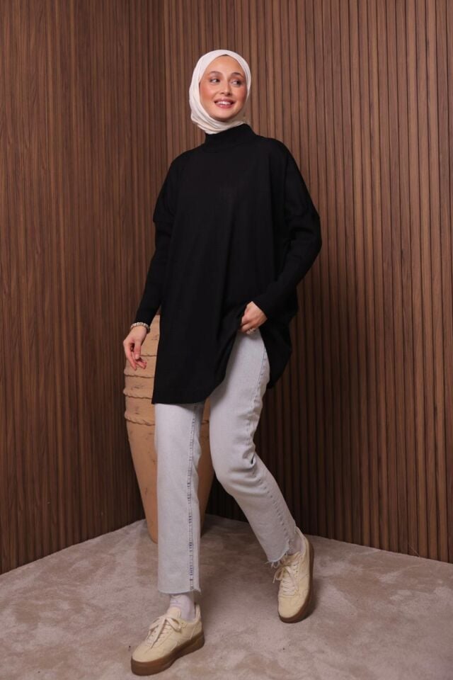 Balenbi Kadın Dik Yaka Basic 80cm Salaş Oversize Triko Tunik 1145 Standart - Siyah