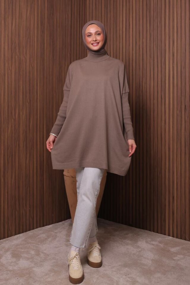 Balenbi Kadın Dik Yaka Basic 80cm Salaş Oversize Triko Tunik 1145 Standart - Toprak