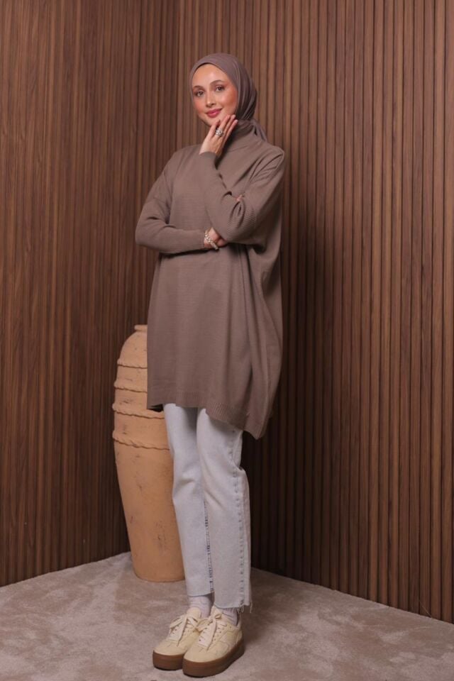 Balenbi Kadın Dik Yaka Basic 80cm Salaş Oversize Triko Tunik 1145 Standart - Toprak