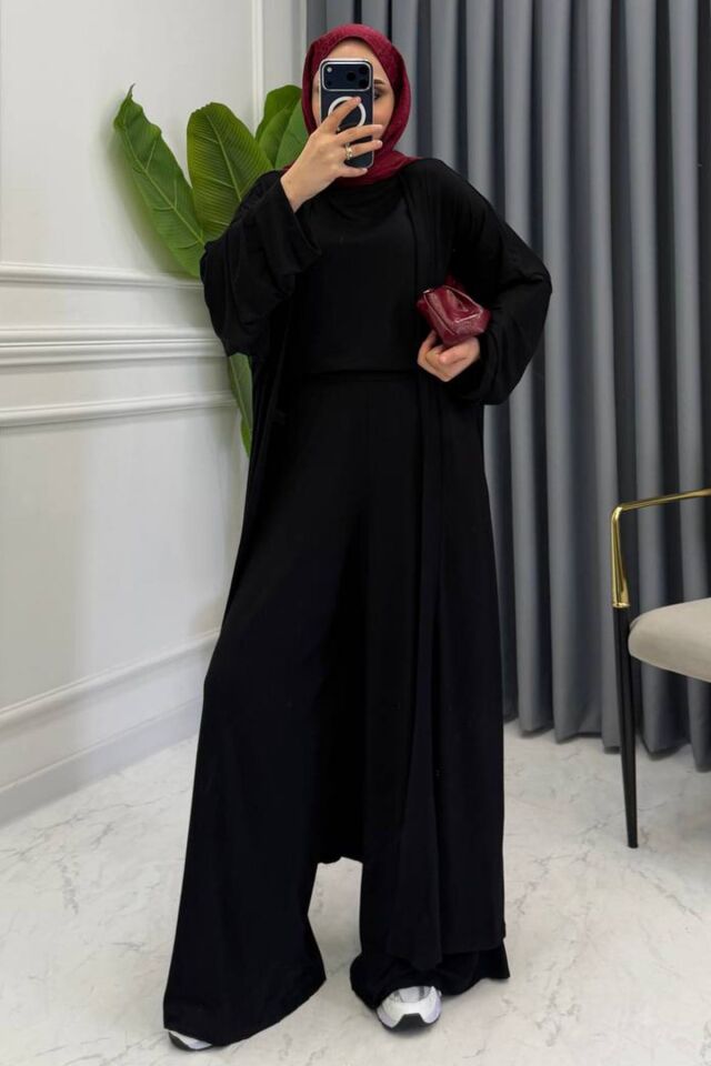 Balenbi Kadın Penye Uzun Hırka Bluz Geniş Paça Pantolon Abaya Takım 1217 Standart - Siyah