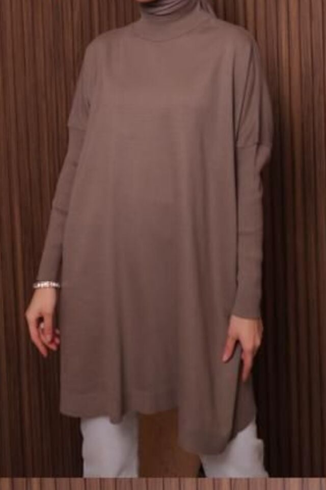 Balenbi Kadın Dik Yaka Basic 80cm Salaş Oversize Triko Tunik 1145 Toprak - Standart
