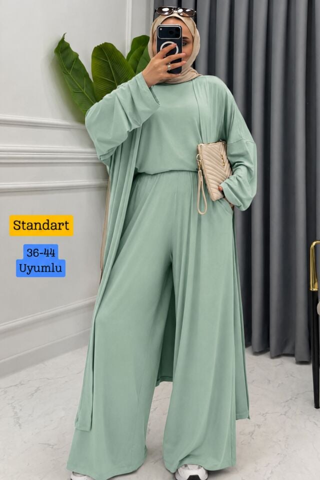 Balenbi Kadın Penye Uzun Hırka Bluz Geniş Paça Pantolon Abaya Takım 1217 Standart - Mint