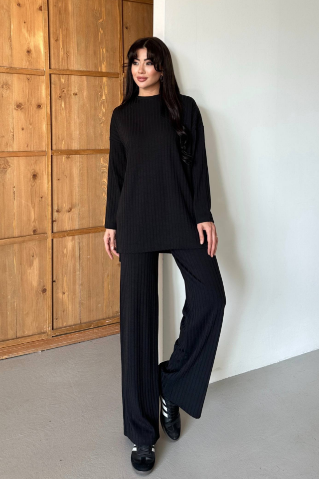 Balenbi Kadın Triko Görünümlü Çizgili Bisiklet Yaka Tesettür Tunik Takım 1152 XL - Siyah