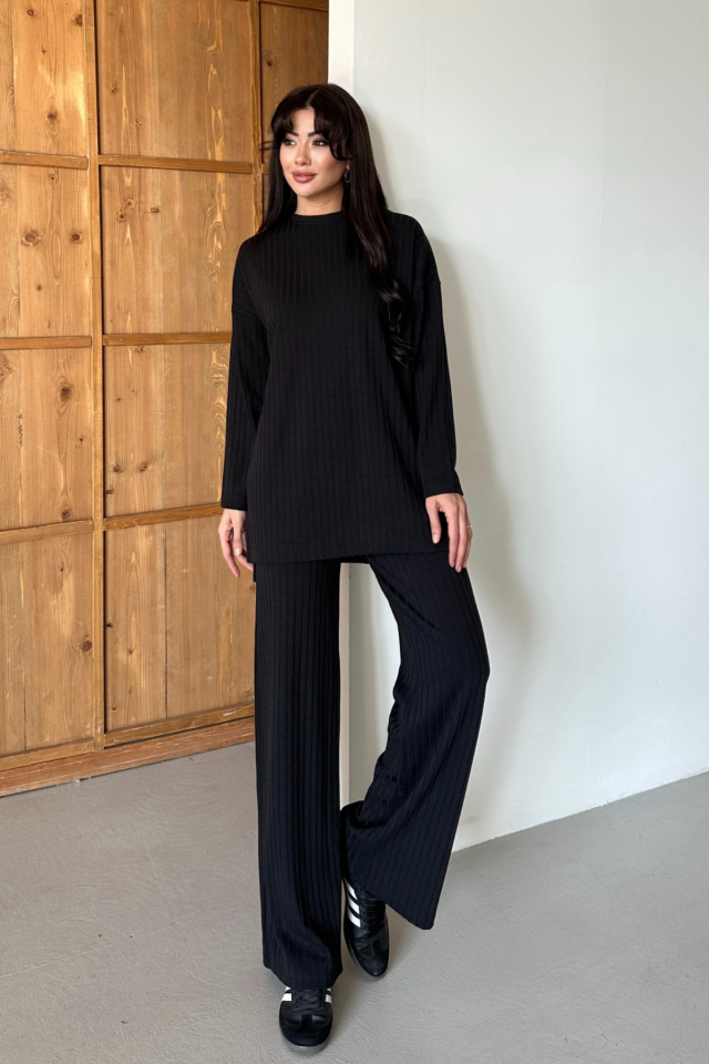 Balenbi Kadın Triko Görünümlü Çizgili Bisiklet Yaka Tesettür Tunik Takım 1152 XL - Siyah