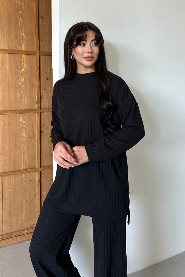 Balenbi Kadın Triko Görünümlü Çizgili Bisiklet Yaka Tesettür Tunik Takım 1152 XL - Siyah