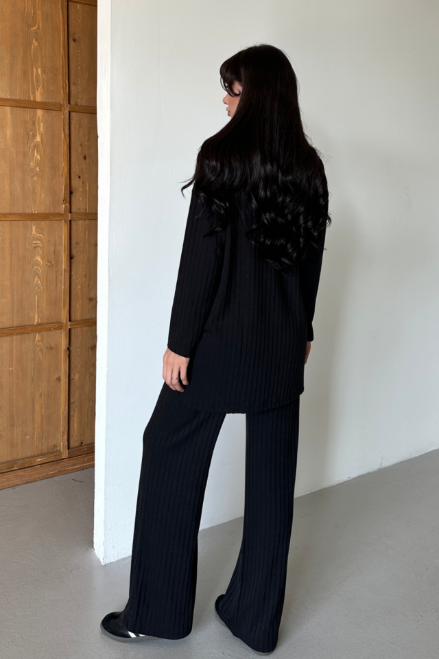 Balenbi Kadın Triko Görünümlü Çizgili Bisiklet Yaka Tesettür Tunik Takım 1152 XL - Siyah