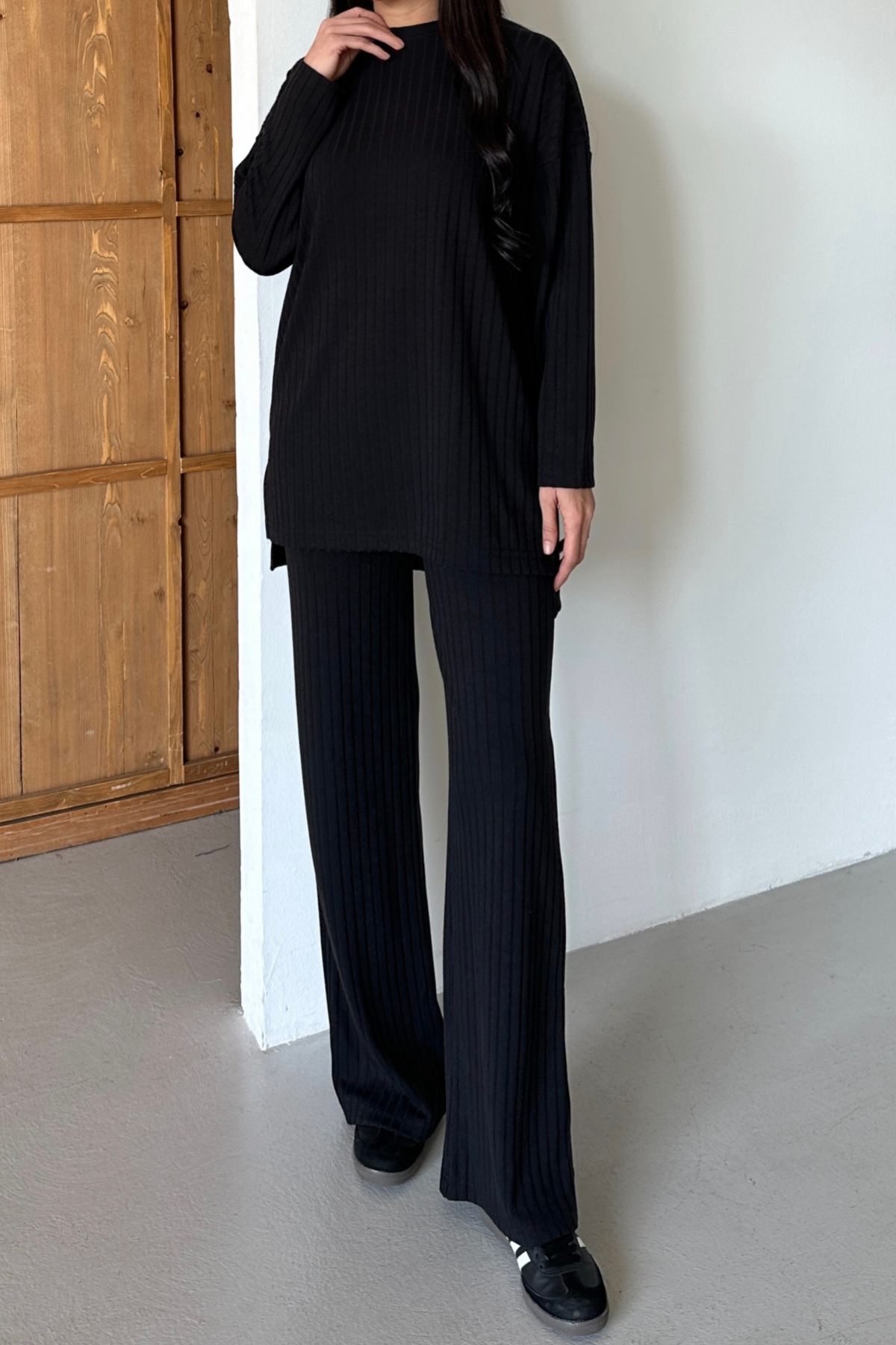 Balenbi Kadın Triko Görünümlü Çizgili Bisiklet Yaka Tesettür Tunik Takım 1152 XL - Siyah