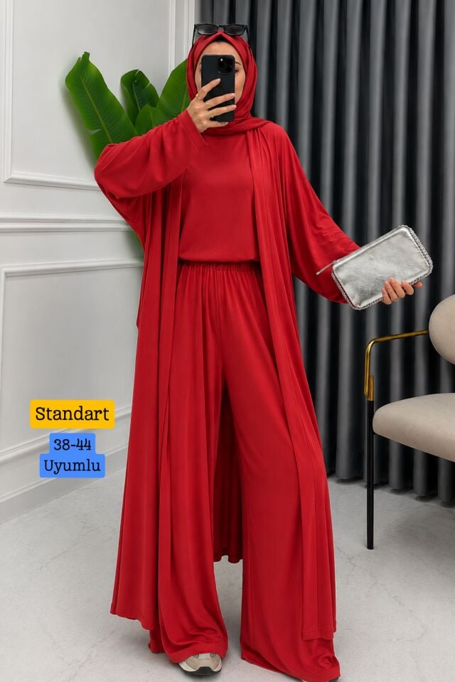 Balenbi Kadın Penye Uzun Hırka Bluz Geniş Paça Pantolon Abaya Takım 1217 Standart - Kırmızı