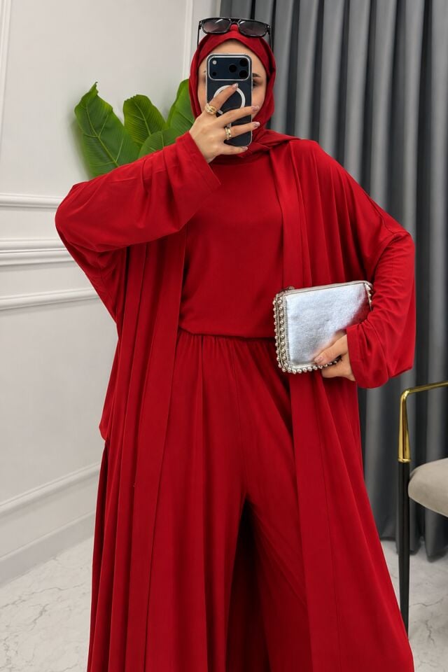 Balenbi Kadın Penye Uzun Hırka Bluz Geniş Paça Pantolon Abaya Takım 1217 Standart - Kırmızı