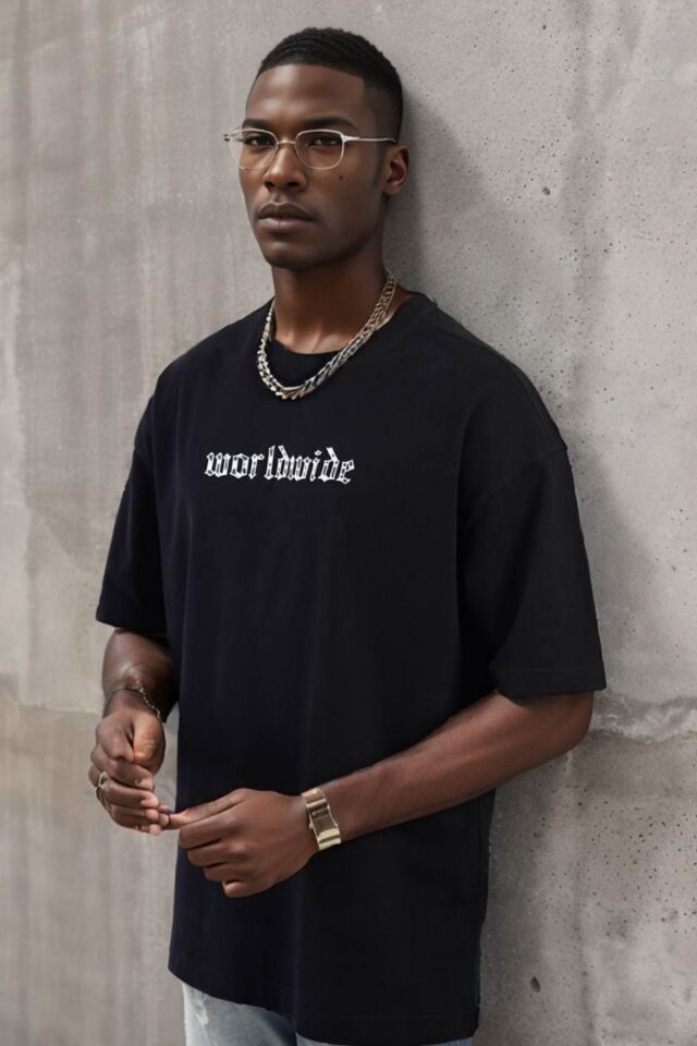 Balenbi Unisex Bisiklet Yaka Oversize Kalıp Penye Tişört 1004 XL - Siyah