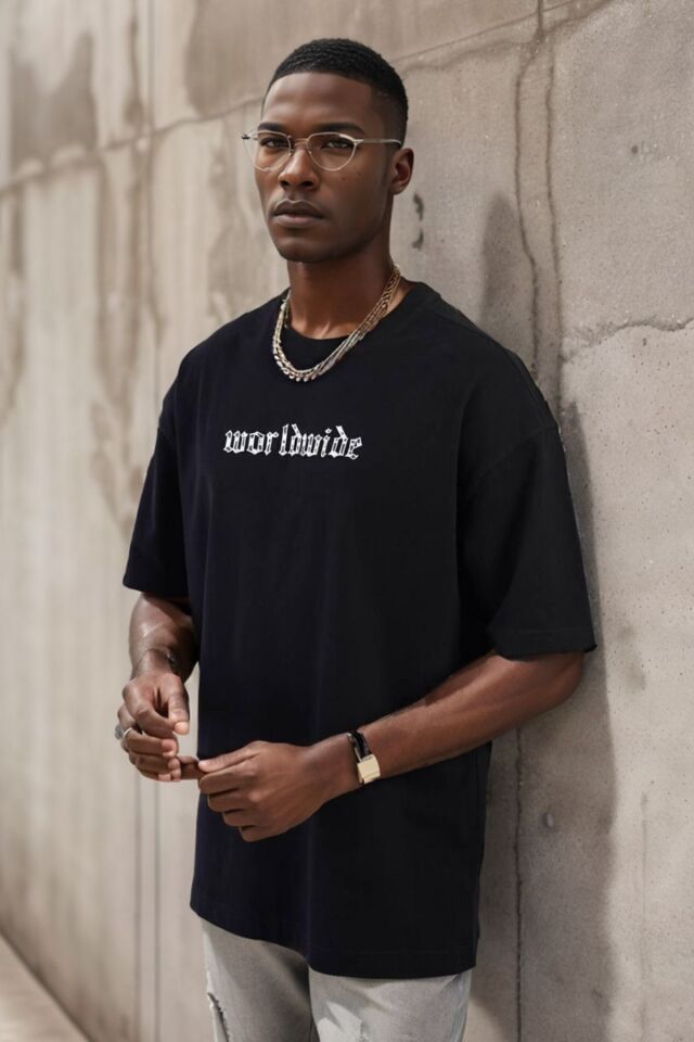 Balenbi Unisex Bisiklet Yaka Oversize Kalıp Penye Tişört 1004 S - Siyah