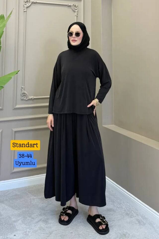 Balenbi Kadın Modal Kumaş Oversize Bol Paça Pantolon Rahat Kalıp İkili Tesettür Takım 1222 - Premium Seri Standart - Siyah