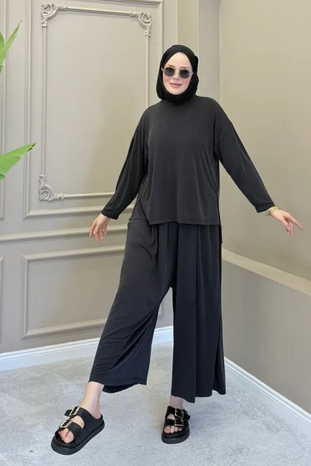 Balenbi Kadın Modal Kumaş Oversize Bol Paça Pantolon Rahat Kalıp İkili Tesettür Takım 1222 - Premium Seri Standart - Siyah