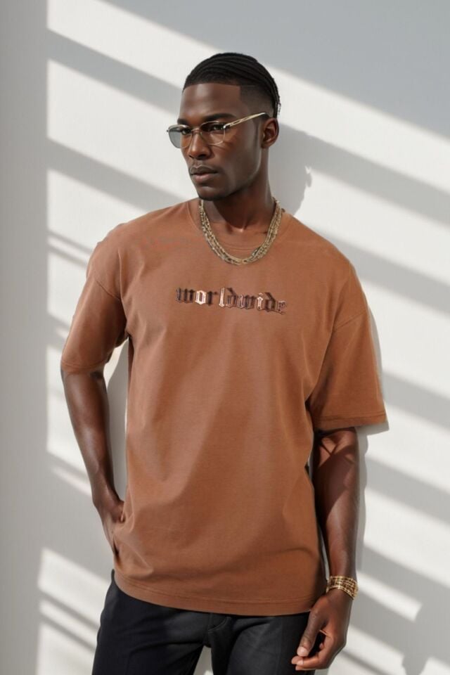 Balenbi Unisex Bisiklet Yaka Oversize Kalıp Penye Tişört 1004 S - Taba