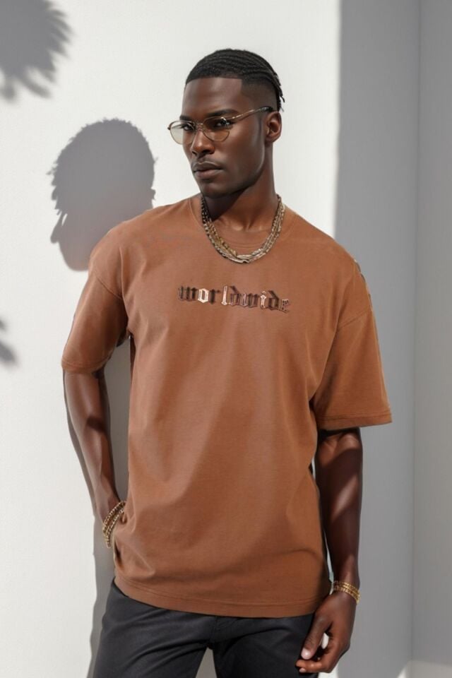 Balenbi Unisex Bisiklet Yaka Oversize Kalıp Penye Tişört 1004 S - Taba