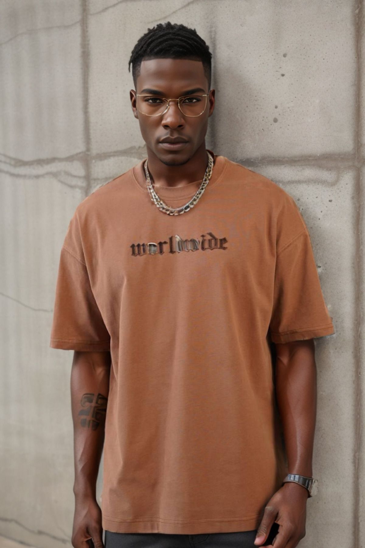 Balenbi Unisex Bisiklet Yaka Oversize Kalıp Penye Tişört 1004 S - Taba