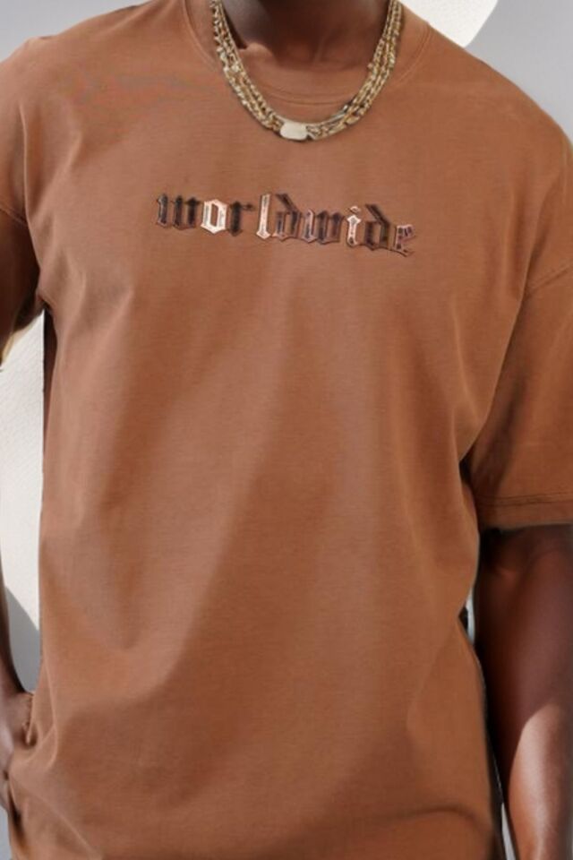 Balenbi Unisex Bisiklet Yaka Oversize Kalıp Penye Tişört 1004 S - Taba