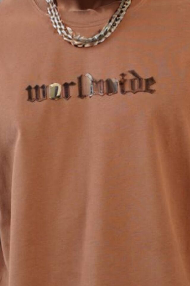 Balenbi Unisex Bisiklet Yaka Oversize Kalıp Penye Tişört 1004 S - Taba