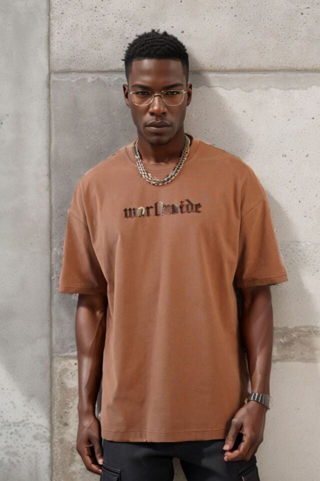 Balenbi Unisex Bisiklet Yaka Oversize Kalıp Penye Tişört 1004 S - Taba