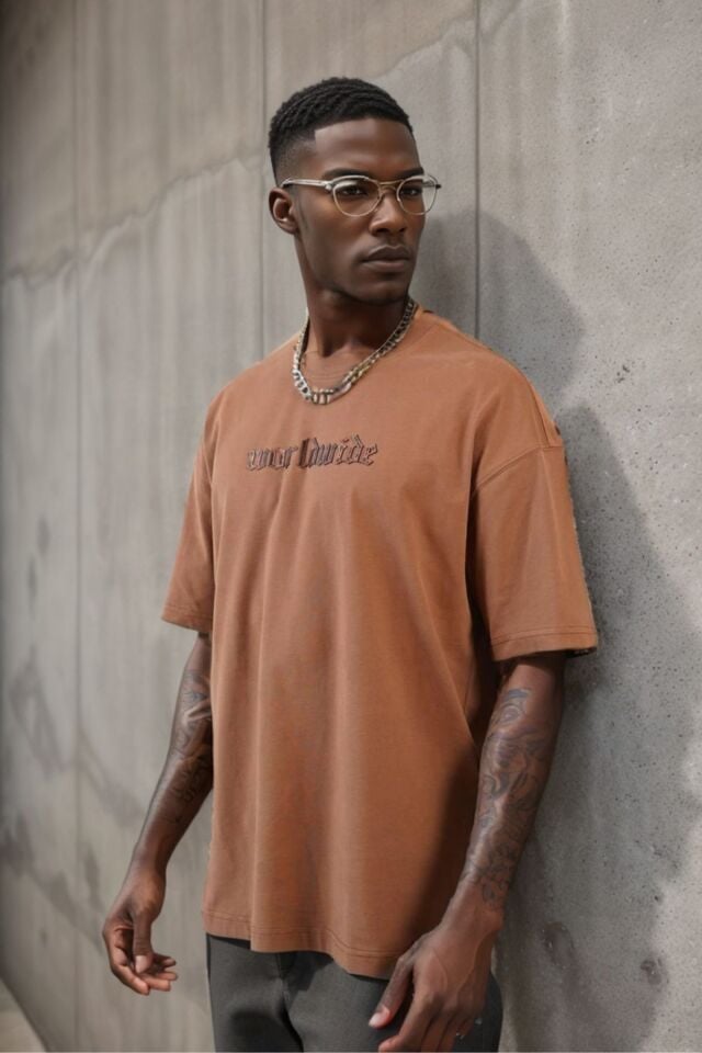 Balenbi Unisex Bisiklet Yaka Oversize Kalıp Penye Tişört 1004 S - Taba