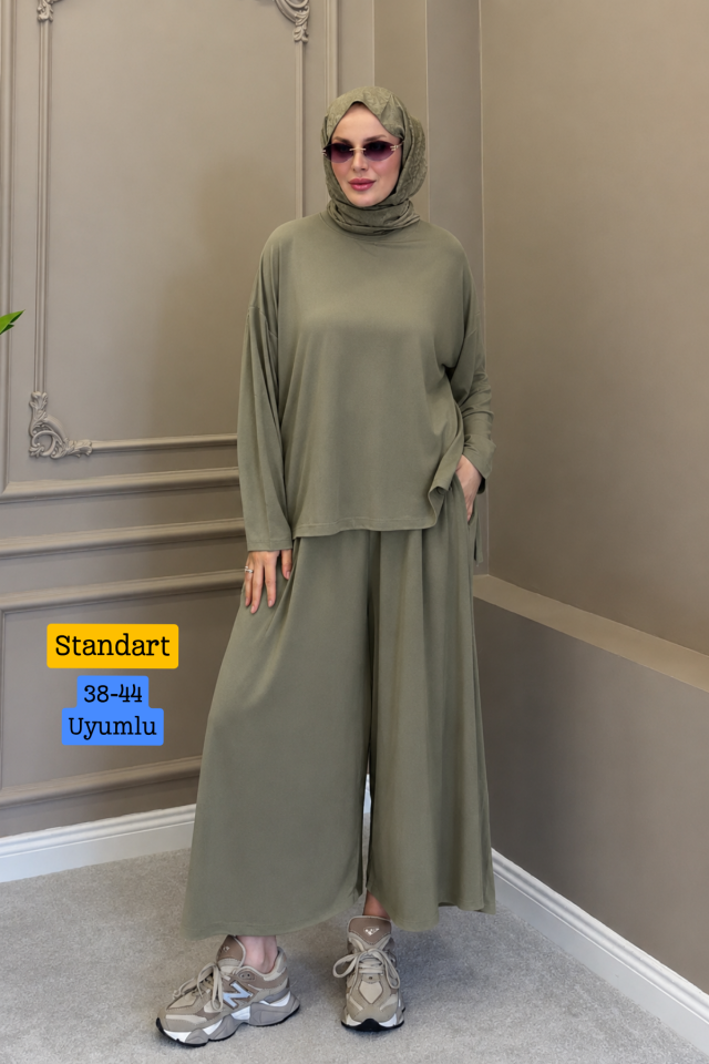Balenbi Kadın Modal Kumaş Oversize Bol Paça Pantolon Rahat Kalıp İkili Tesettür Takım 1222 - Premium Seri Standart - Haki