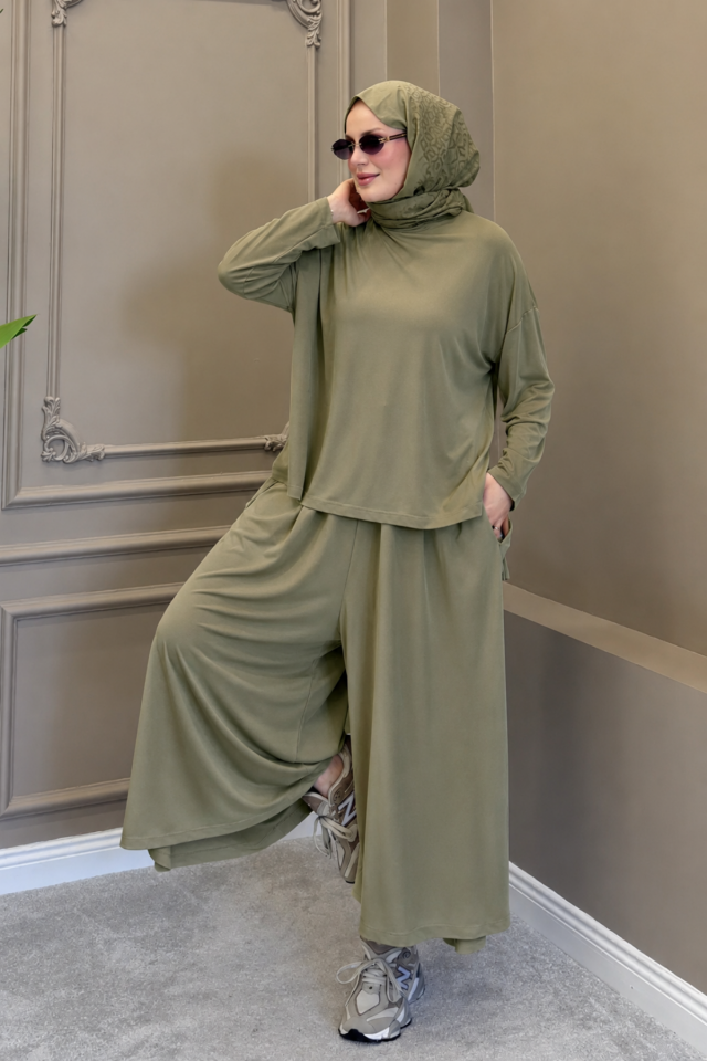 Balenbi Kadın Modal Kumaş Oversize Bol Paça Pantolon Rahat Kalıp İkili Tesettür Takım 1222 - Premium Seri Standart - Haki