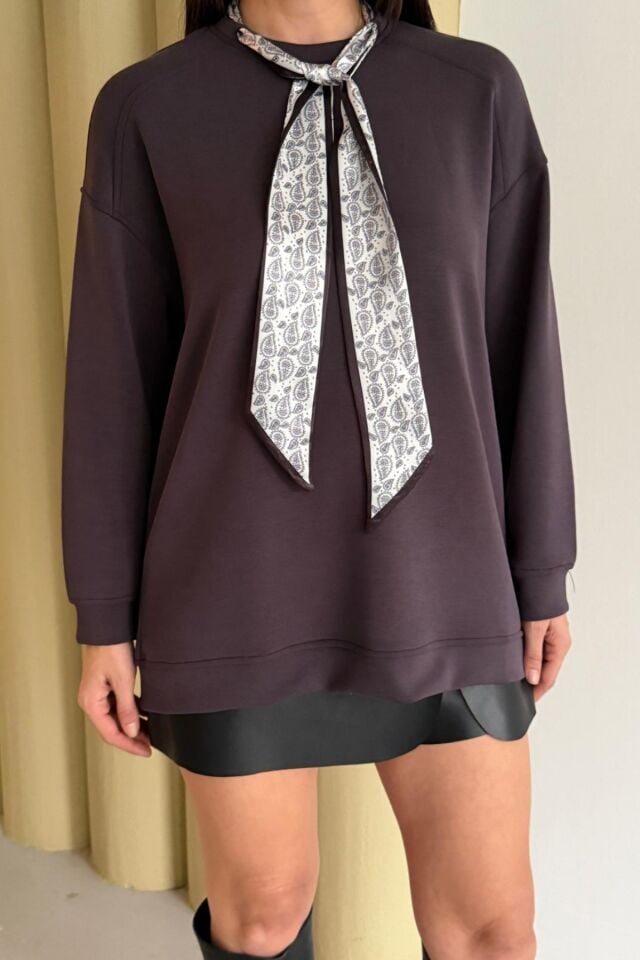 Balenbi Premium Modal Fular Detaylı Bisiklet Yaka Oversize Tunik 1177 XL - Kahverengi