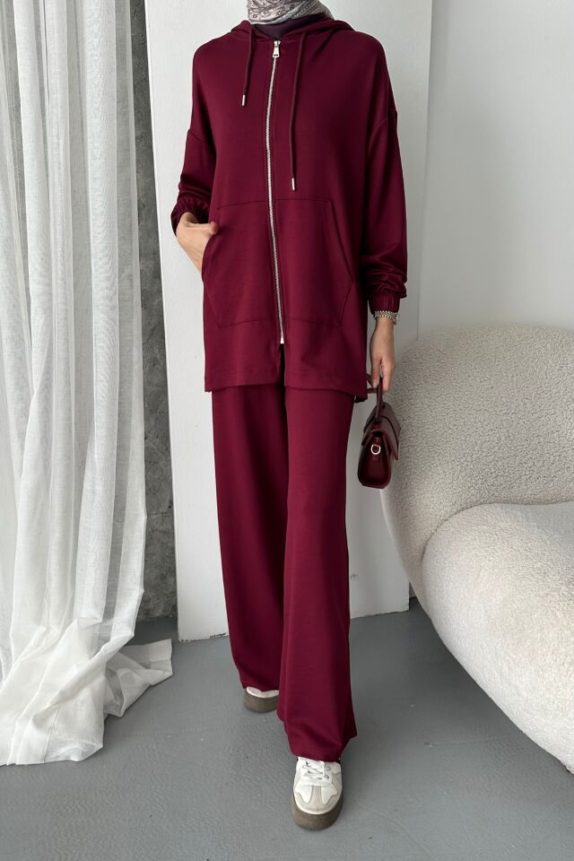 Balenbi Kadın Modal Penye Oversize Kapüşonlu Tesettür Tunik Takım 1108 L - Bordo