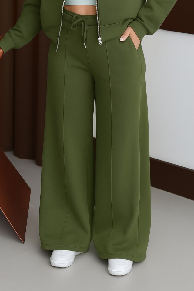 Balenbi Kadın 3 İplik İçi Polarlı Yüksek Bel Çımalı Palazzo Eşofman Altı 1144 M - Haki