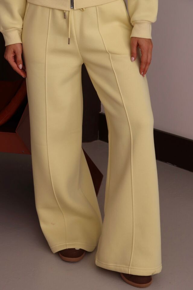 Balenbi Kadın 3 İplik İçi Polarlı Yüksek Bel Çımalı Palazzo Eşofman Altı 1144 Sarı - M