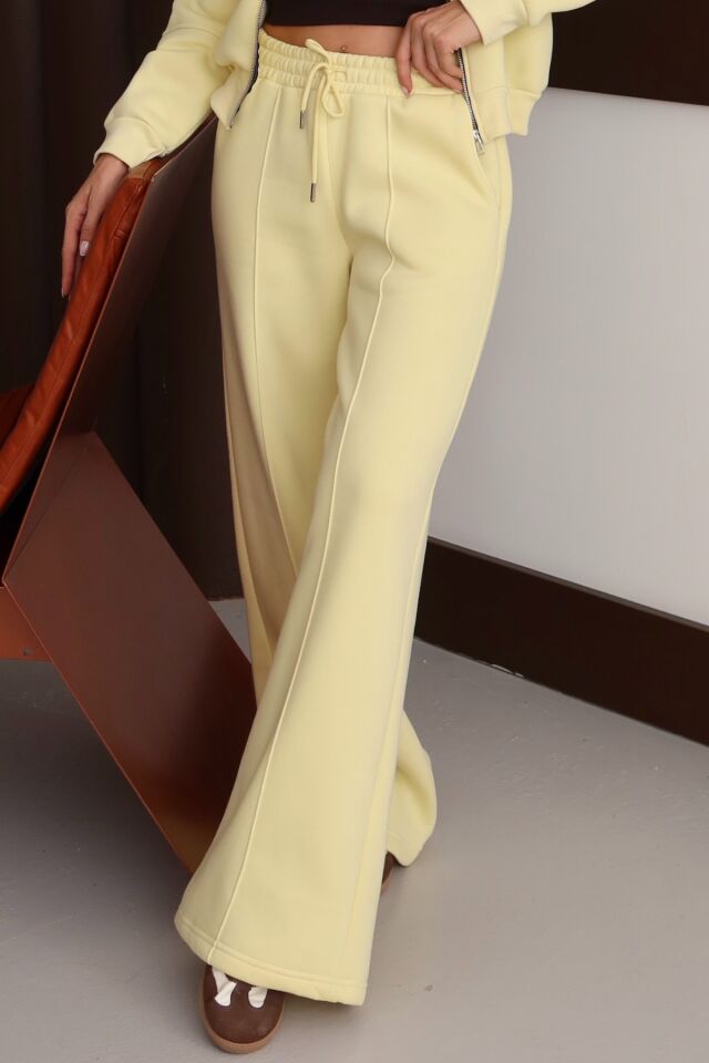 Balenbi Kadın 3 İplik İçi Polarlı Yüksek Bel Çımalı Palazzo Eşofman Altı 1144 Sarı - M