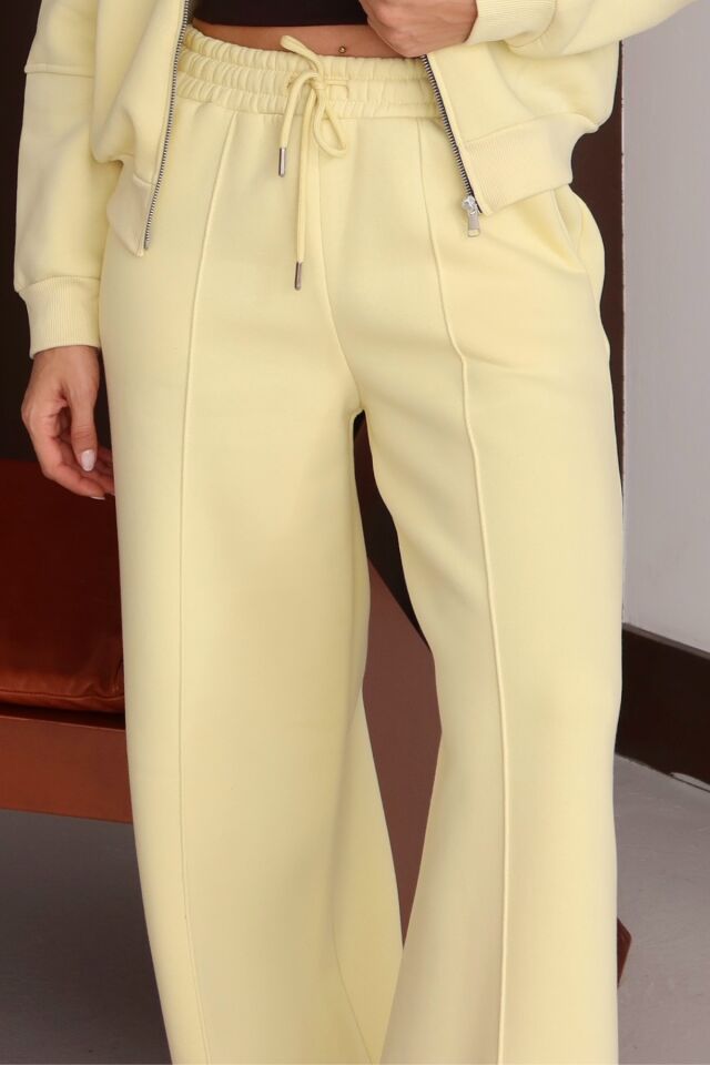 Balenbi Kadın 3 İplik İçi Polarlı Yüksek Bel Çımalı Palazzo Eşofman Altı 1144 M - Sarı