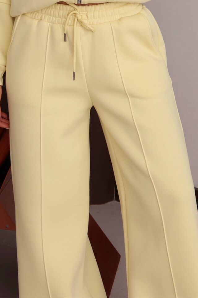 Balenbi Kadın 3 İplik İçi Polarlı Yüksek Bel Çımalı Palazzo Eşofman Altı 1144 M - Sarı