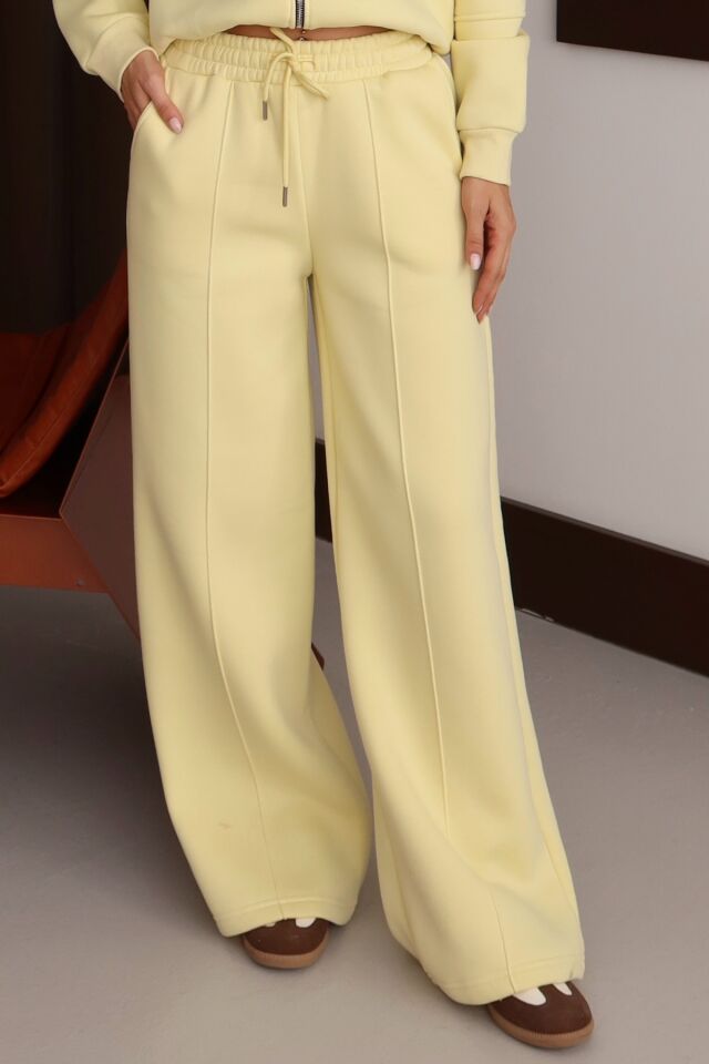 Balenbi Kadın 3 İplik İçi Polarlı Yüksek Bel Çımalı Palazzo Eşofman Altı 1144 M - Sarı