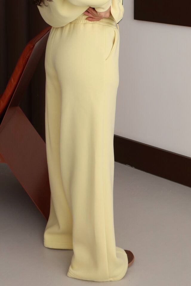 Balenbi Kadın 3 İplik İçi Polarlı Yüksek Bel Çımalı Palazzo Eşofman Altı 1144 M - Sarı