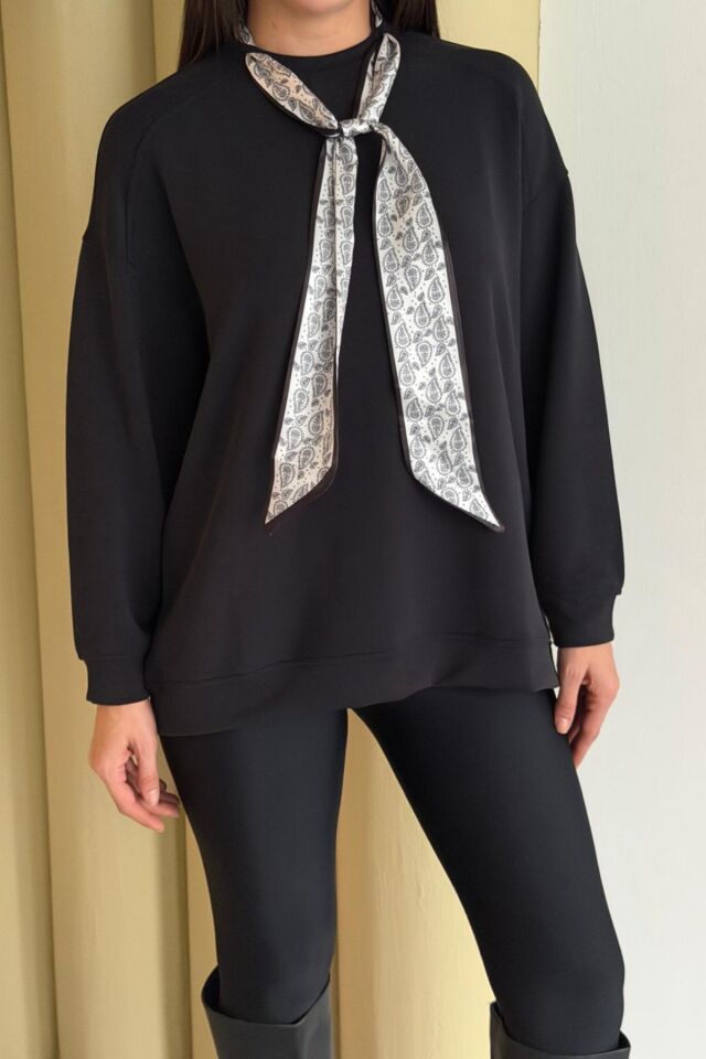 Balenbi Premium Modal Fular Detaylı Bisiklet Yaka Oversize Tunik 1177 XL - Siyah