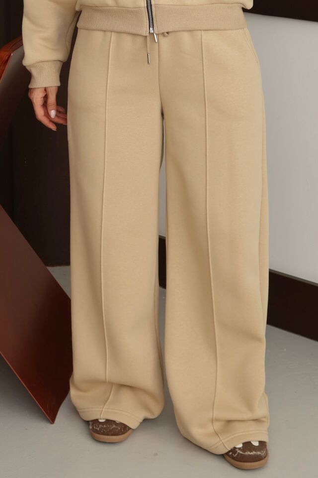 Balenbi Kadın 3 İplik İçi Polarlı Yüksek Bel Çımalı Palazzo Eşofman Altı 1144 S - Bej