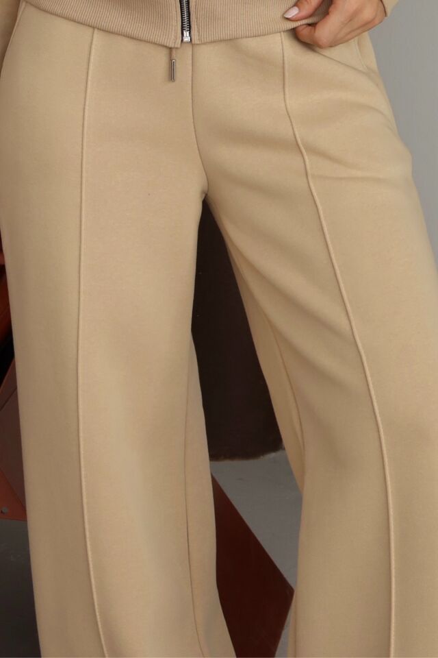 Balenbi Kadın 3 İplik İçi Polarlı Yüksek Bel Çımalı Palazzo Eşofman Altı 1144 S - Bej