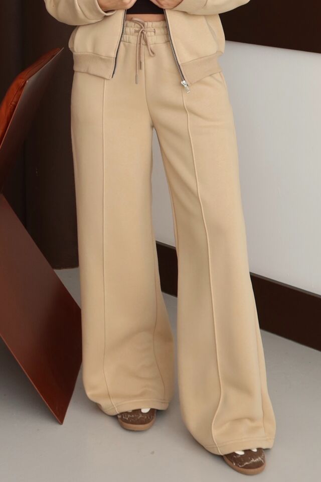 Balenbi Kadın 3 İplik İçi Polarlı Yüksek Bel Çımalı Palazzo Eşofman Altı 1144 S - Bej