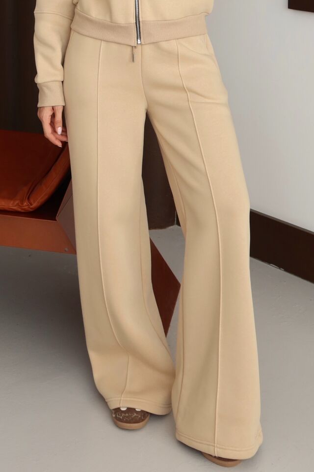 Balenbi Kadın 3 İplik İçi Polarlı Yüksek Bel Çımalı Palazzo Eşofman Altı 1144 Bej - S