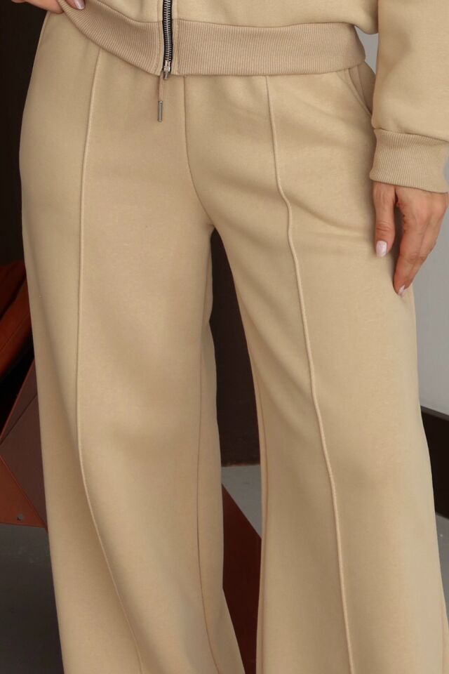 Balenbi Kadın 3 İplik İçi Polarlı Yüksek Bel Çımalı Palazzo Eşofman Altı 1144 Bej - S